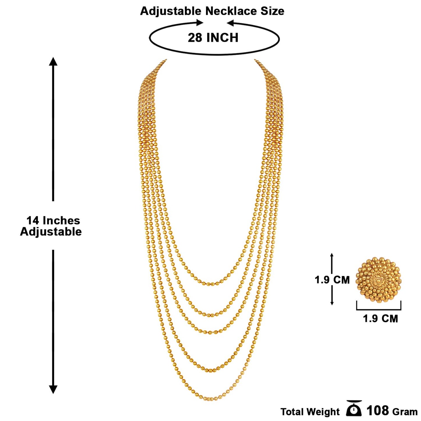 One Gram Gold Plated Multi Layer Beaded Long Necklace Chain (28 Inch)