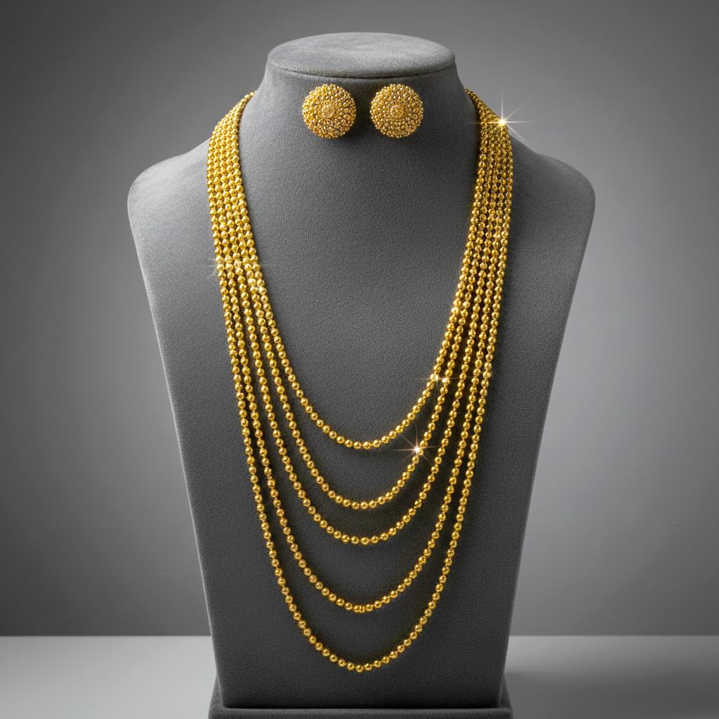 One Gram Gold Plated Multi Layer Beaded Long Necklace Chain (28 Inch)