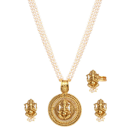 Gold Plated Lord Ganesh Pendant Pearl String Chain With Earring & Finger Ring .