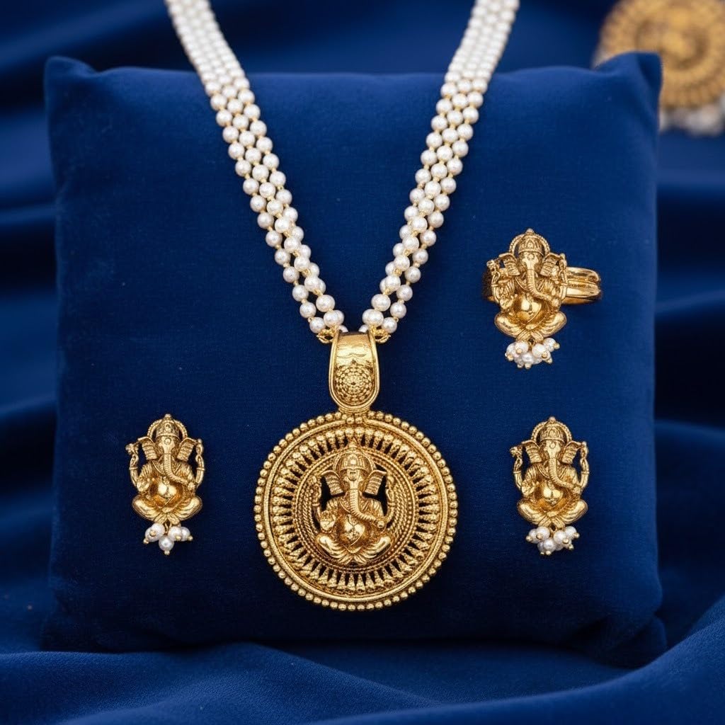 Gold Plated Lord Ganesh Pendant Pearl String Chain With Earring & Finger Ring .