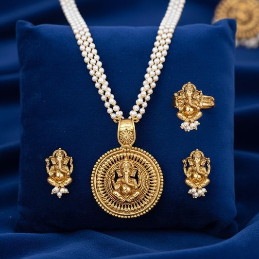 Gold Plated Lord Ganesh Pendant Pearl String Chain With Earring & Finger Ring .