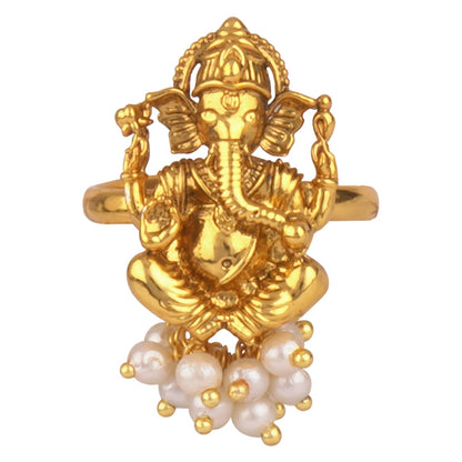 Gold Plated Lord Ganesh Pendant Pearl String Chain With Earring & Finger Ring .