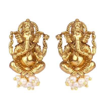 Gold Plated Lord Ganesh Pendant Pearl String Chain With Earring & Finger Ring .