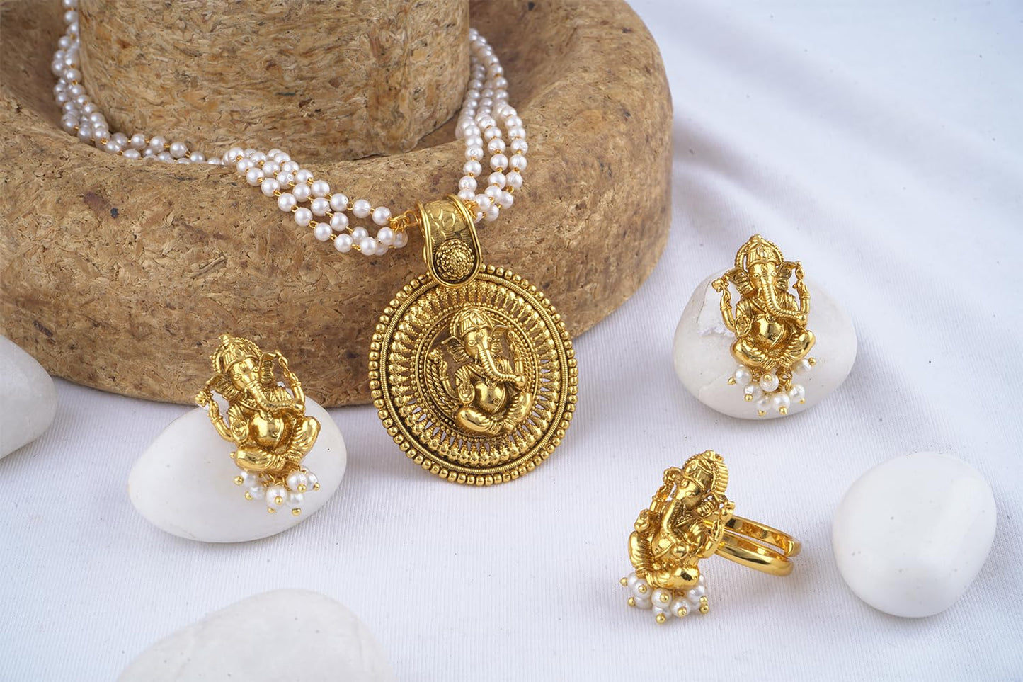 Gold Plated Lord Ganesh Pendant Pearl String Chain With Earring & Finger Ring .