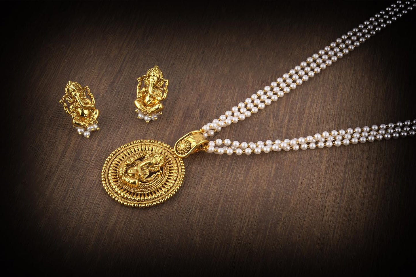 Gold Plated Lord Ganesh Pendant Pearl String Chain With Earring & Finger Ring .