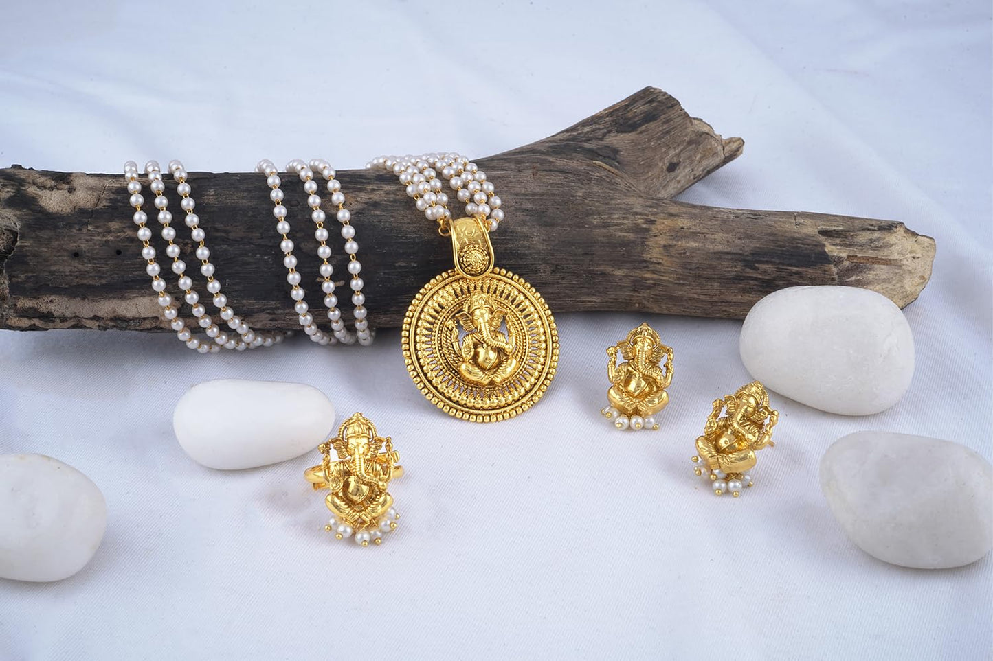 Gold Plated Lord Ganesh Pendant Pearl String Chain With Earring & Finger Ring .