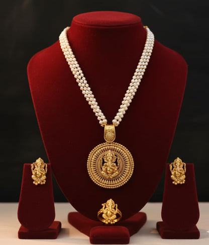 Gold Plated Lord Ganesh Pendant Pearl String Chain With Earring And Finger Ring .