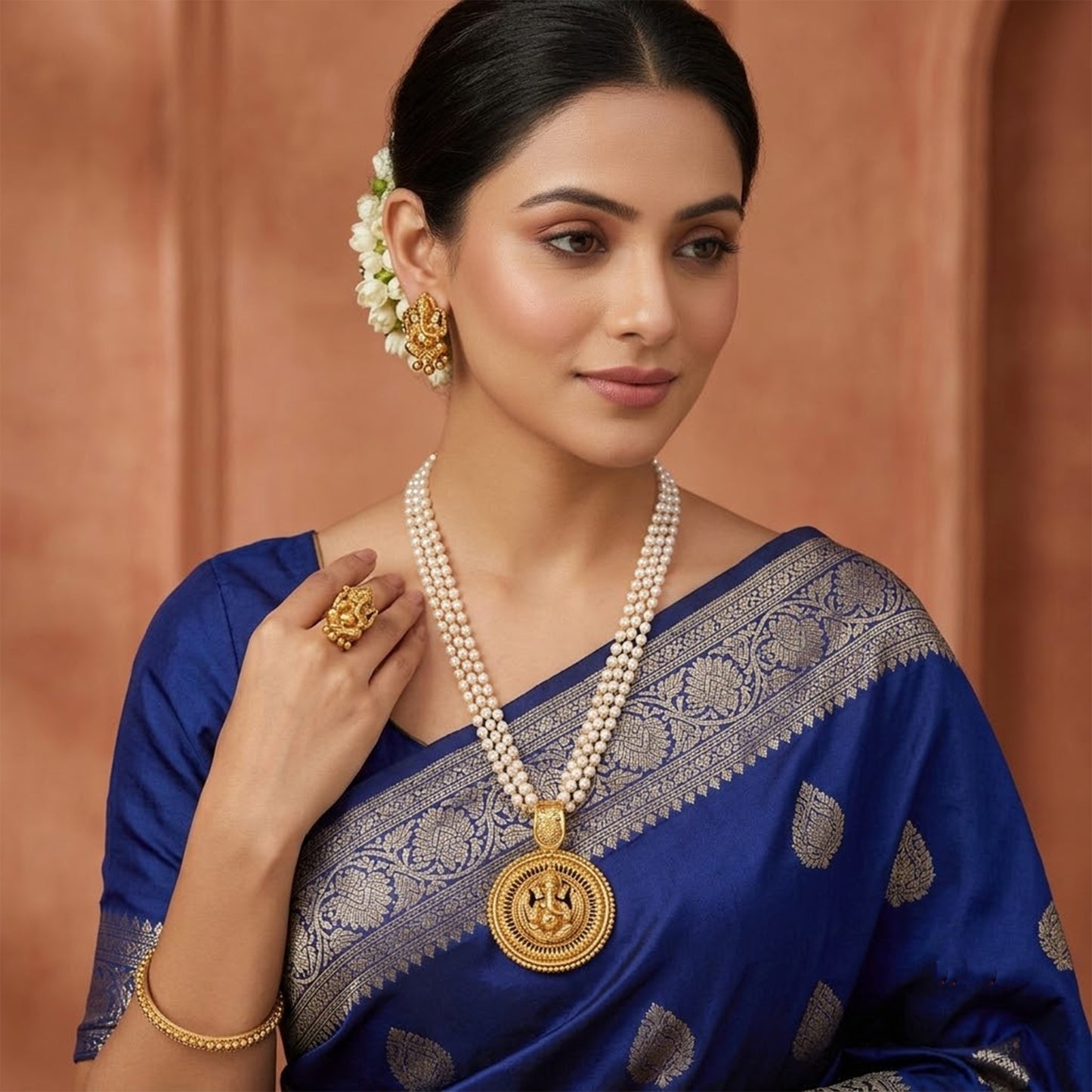 Gold Plated Lord Ganesh Pendant Pearl String Chain With Earring And Finger Ring .