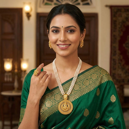 Gold Plated Lord Ganesh Pendant Pearl String Chain With Earring And Finger Ring .