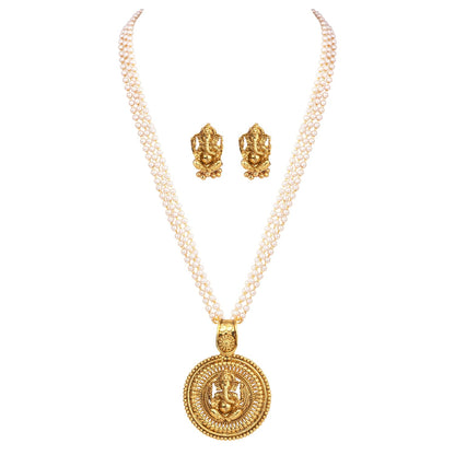 Gold Plated Lord Ganesh Pendant Pearl String Chain With Earring And Finger Ring .