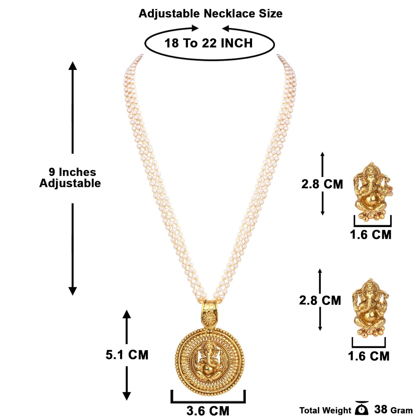 Gold Plated Lord Ganesh Pendant Pearl String Chain With Earring And Finger Ring .
