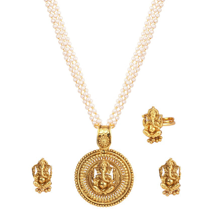Gold Plated Lord Ganesh Pendant Pearl String Chain With Earring And Finger Ring .