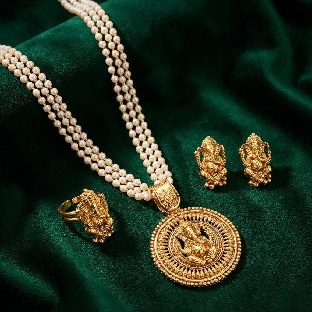 Gold Plated Lord Ganesh Pendant Pearl String Chain With Earring And Finger Ring .