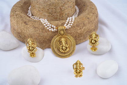 Gold Plated Lord Ganesh Pendant Pearl String Chain With Earring And Finger Ring .