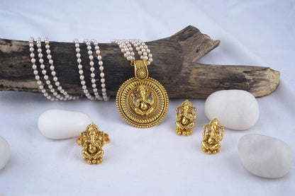 Gold Plated Lord Ganesh Pendant Pearl String Chain With Earring And Finger Ring .
