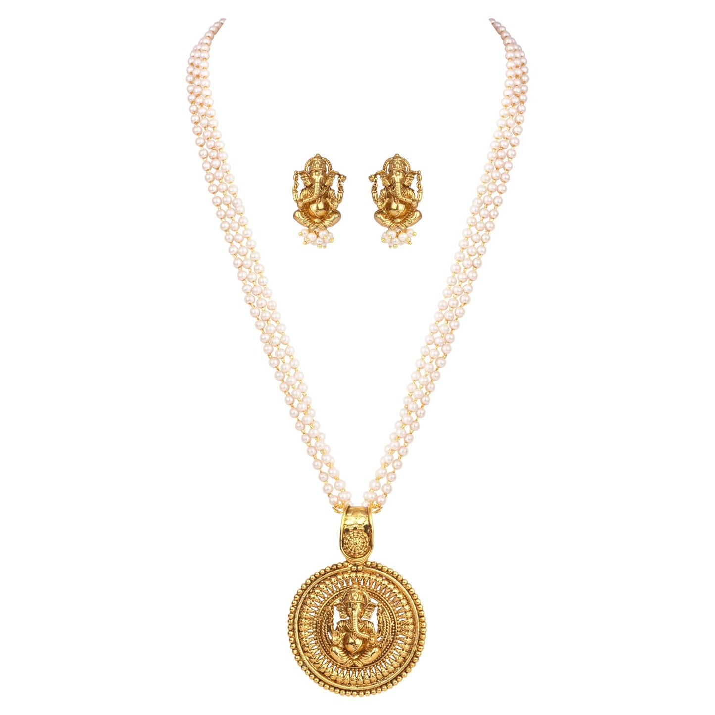 Gold Plated Lord Ganesh Pendant Pearl String Chain With Earring .