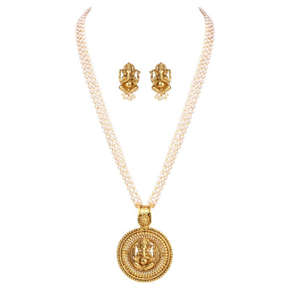 Gold Plated Lord Ganesh Pendant Pearl String Chain With Earring .