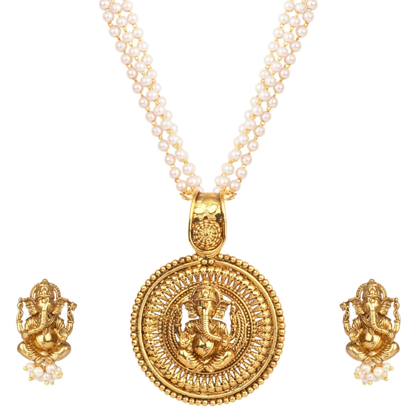 Gold Plated Lord Ganesh Pendant Pearl String Chain With Earring .