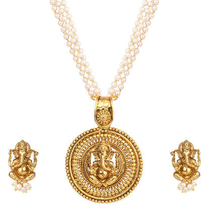 Gold Plated Lord Ganesh Pendant Pearl String Chain With Earring .