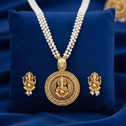 Gold Plated Lord Ganesh Pendant Pearl String Chain With Earring .