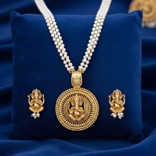 Gold Plated Lord Ganesh Pendant Pearl String Chain With Earring .