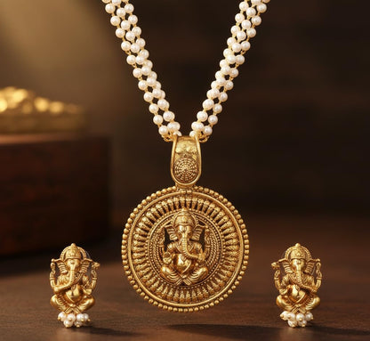 Gold Plated Lord Ganesh Pendant Pearl String Chain With Earring .
