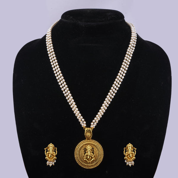 Gold Plated Lord Ganesh Pendant Pearl String Chain With Earring .