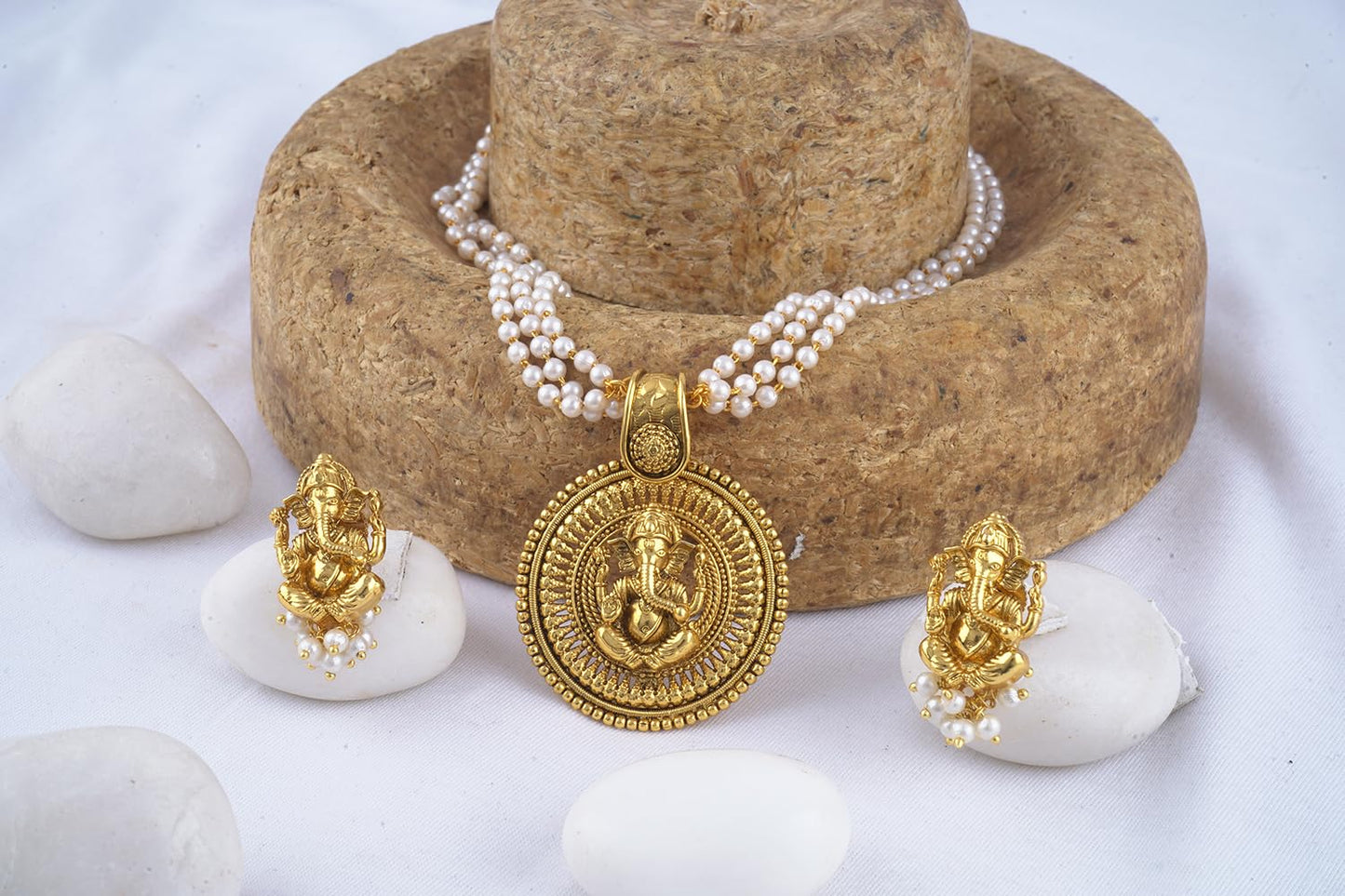 Gold Plated Lord Ganesh Pendant Pearl String Chain With Earring .