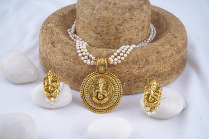 Gold Plated Lord Ganesh Pendant Pearl String Chain With Earring .