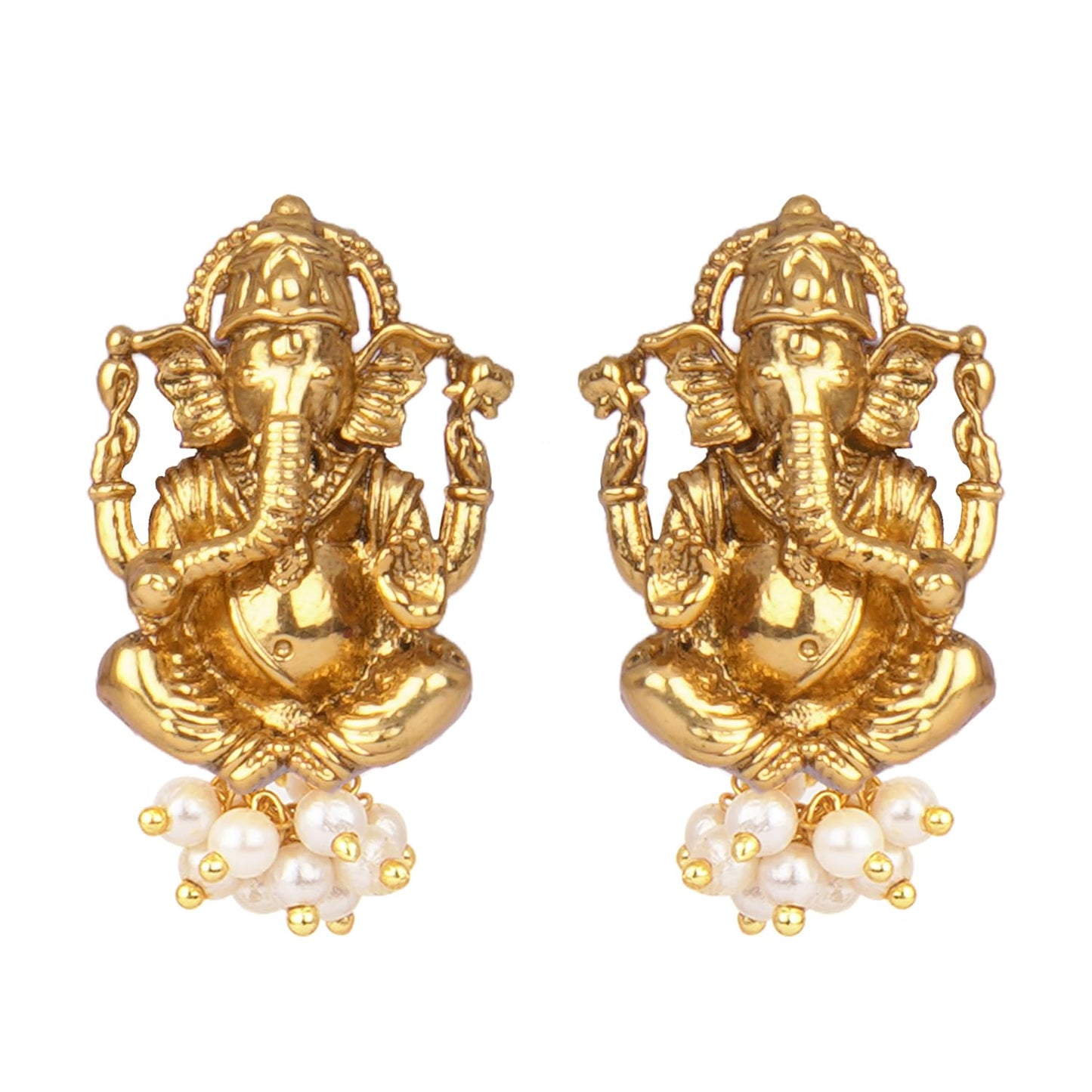 Gold Plated Lord Ganesh Pendant Pearl String Chain With Earring .