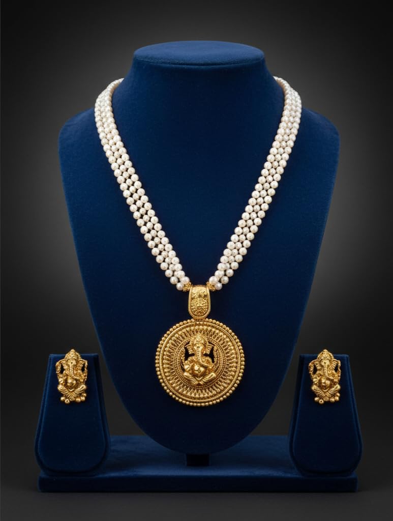 Gold Plated Lord Ganesh Pendant Pearl String Chain With Earring .