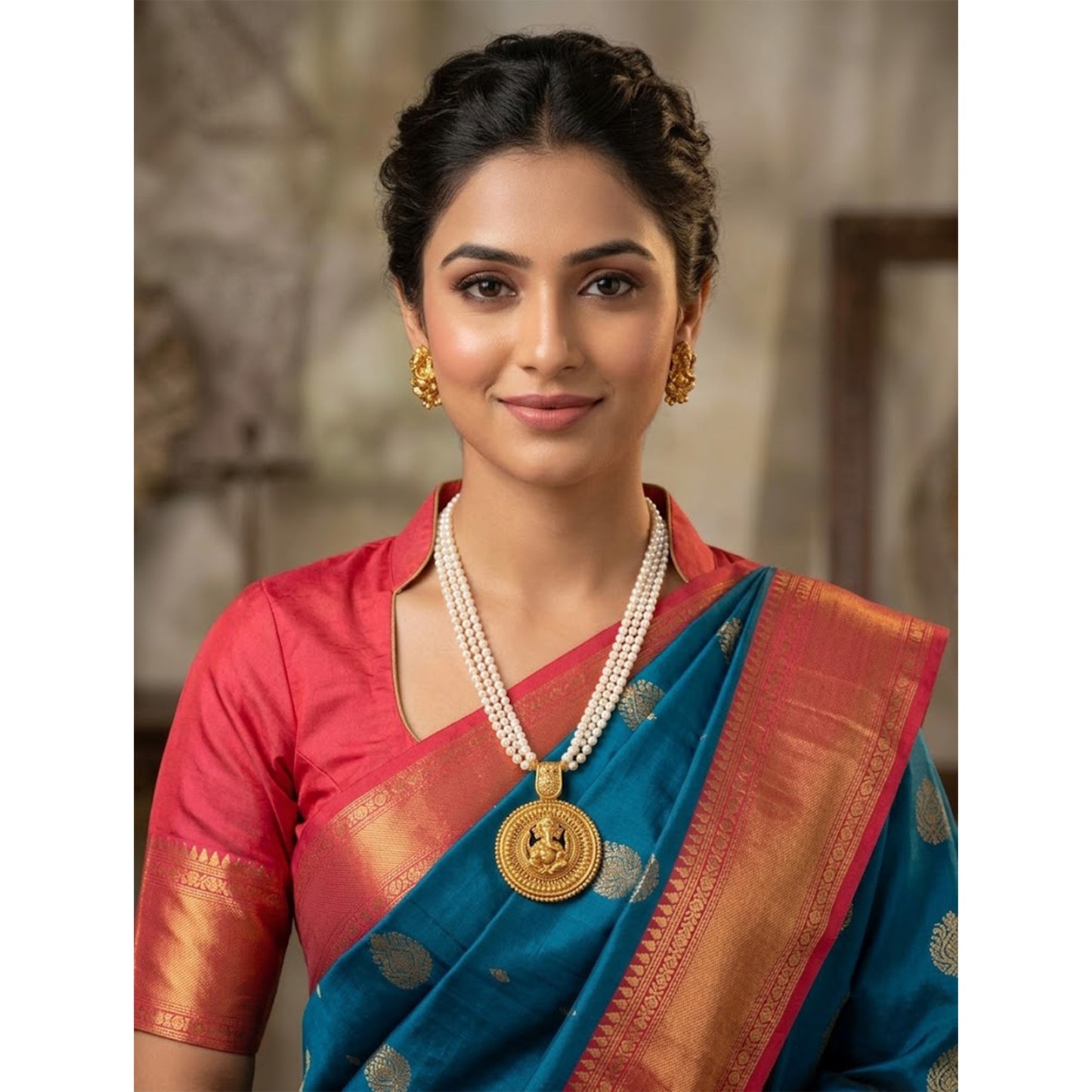 Gold Plated Lord Ganesh Pendant Pearl String Chain With Earring .