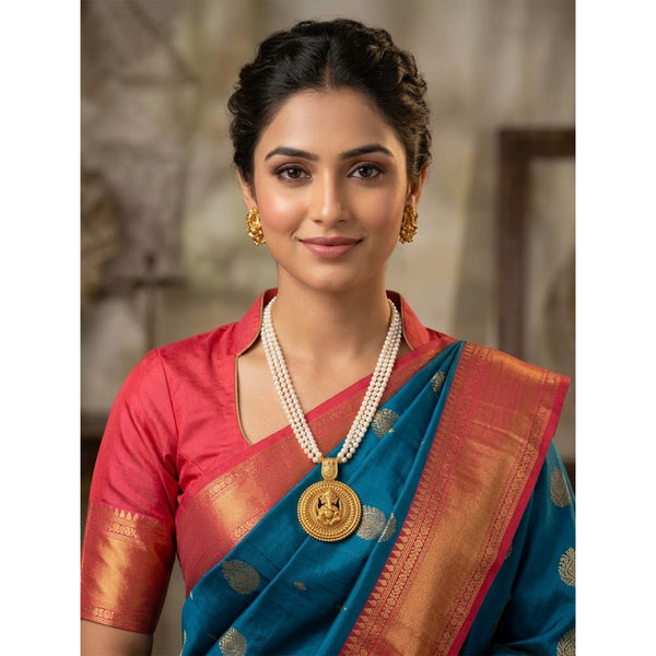 Gold Plated Lord Ganesh Pendant Pearl String Chain With Earring .