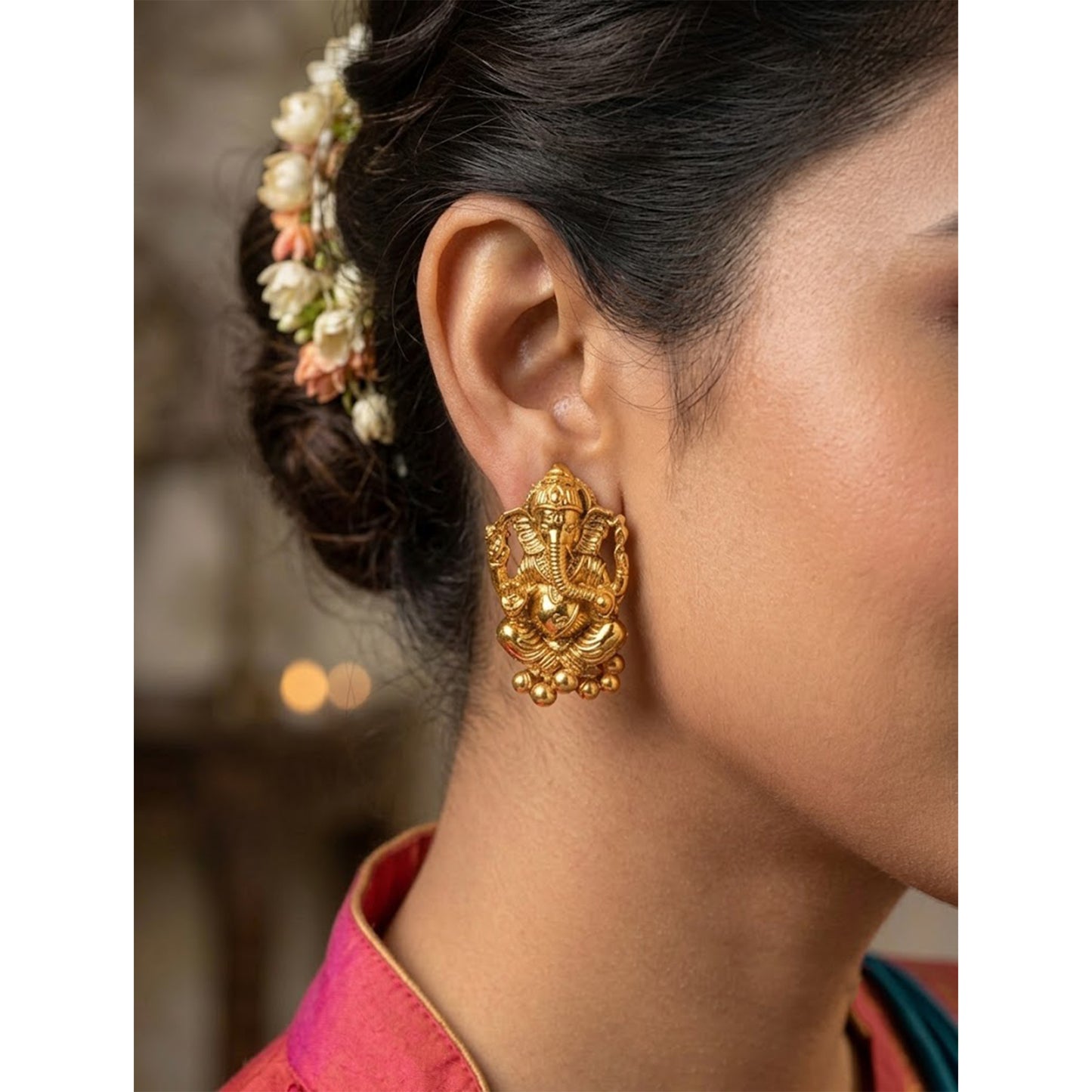 Gold Plated Lord Ganesh Pendant Pearl String Chain With Earring .