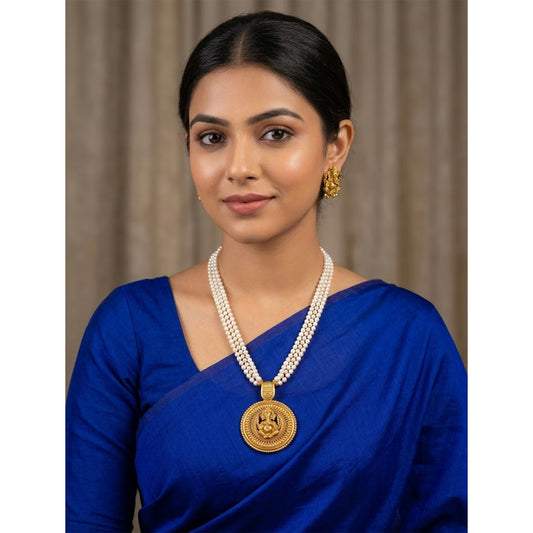 Gold Plated Lord Ganesh Pendant Pearl String Chain With Earring .
