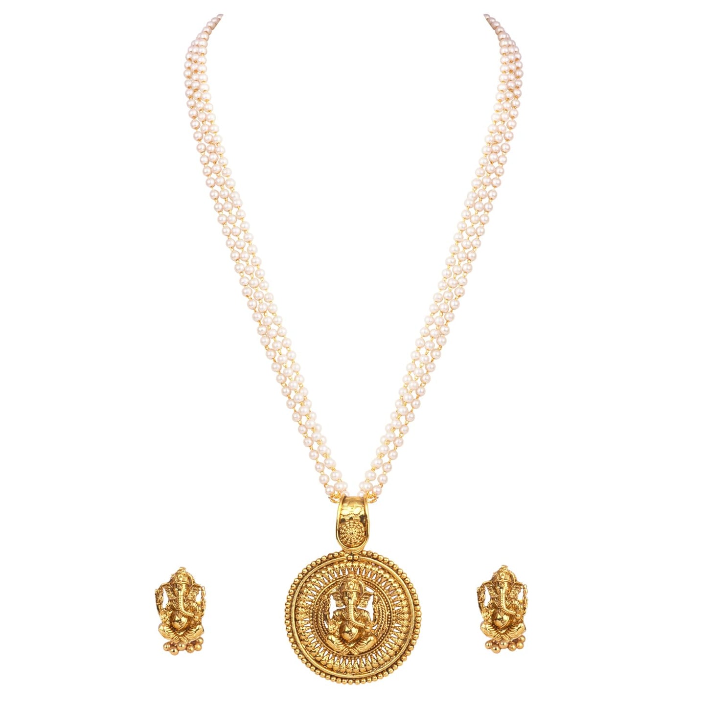 Gold Plated Lord Ganesh Pendant Pearl String Chain With Earring .