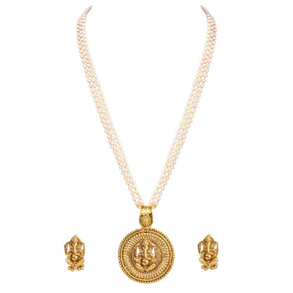 Gold Plated Lord Ganesh Pendant Pearl String Chain With Earring .