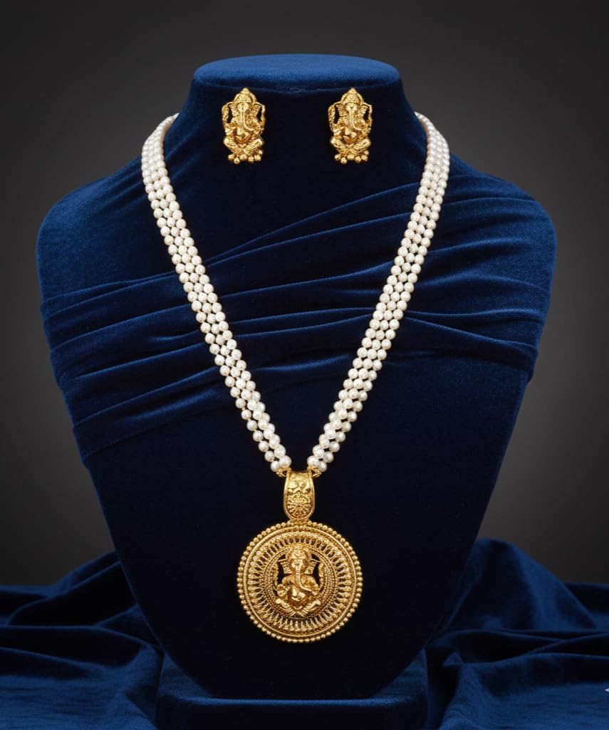 Gold Plated Lord Ganesh Pendant Pearl String Chain With Earring .