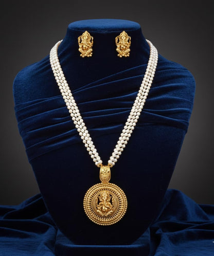 Gold Plated Lord Ganesh Pendant Pearl String Chain With Earring .