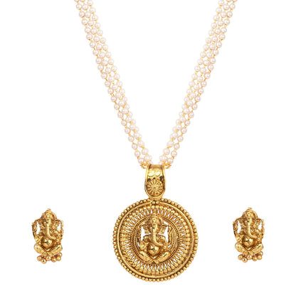 Gold Plated Lord Ganesh Pendant Pearl String Chain With Earring .