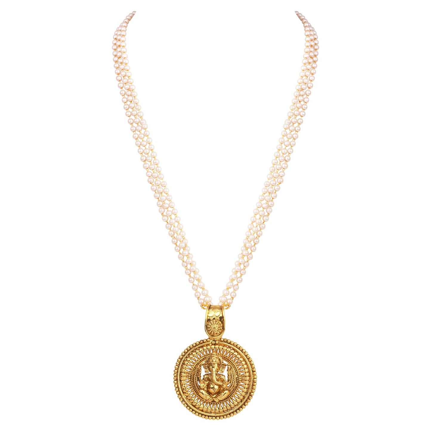 Gold Plated Lord Ganesh Pendant Pearl String Chain With Earring .