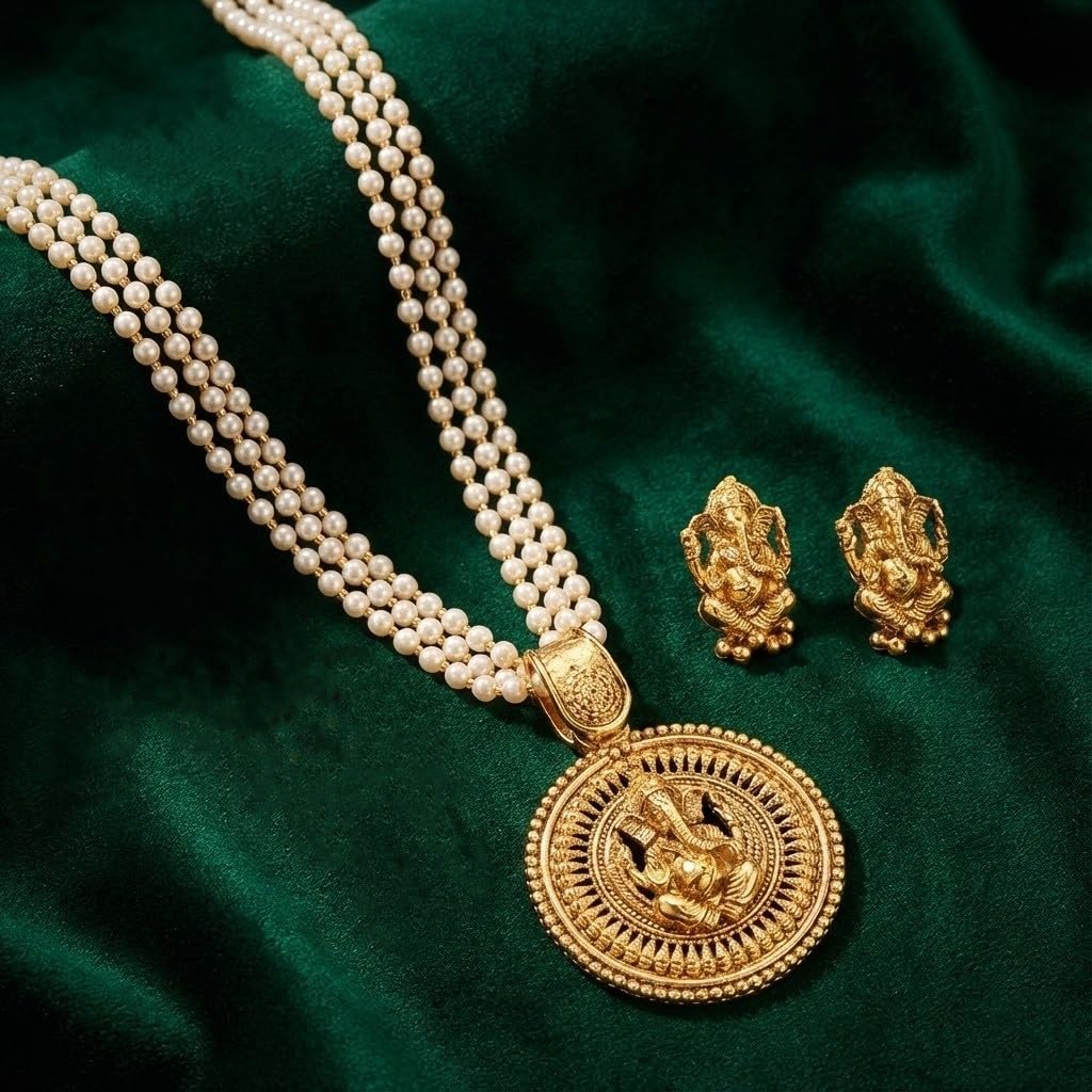 Gold Plated Lord Ganesh Pendant Pearl String Chain With Earring .