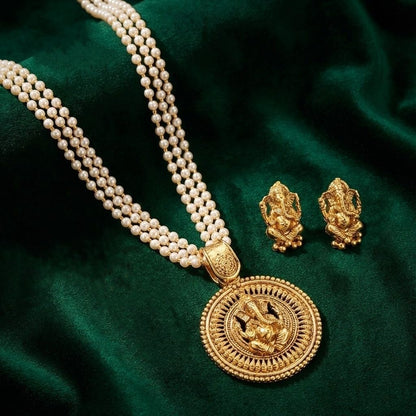 Gold Plated Lord Ganesh Pendant Pearl String Chain With Earring .
