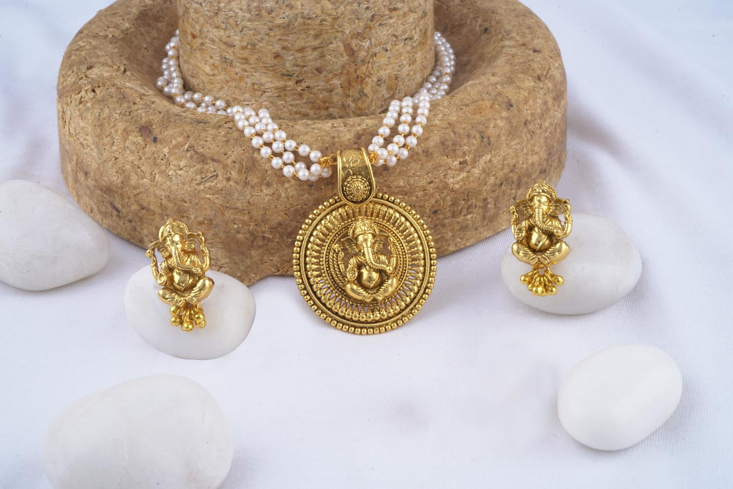 Gold Plated Lord Ganesh Pendant Pearl String Chain With Earring .
