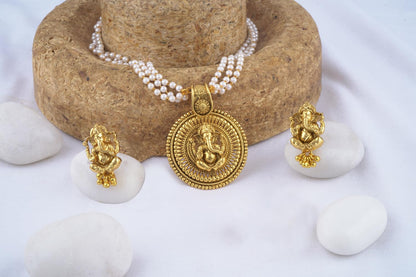 Gold Plated Lord Ganesh Pendant Pearl String Chain With Earring .