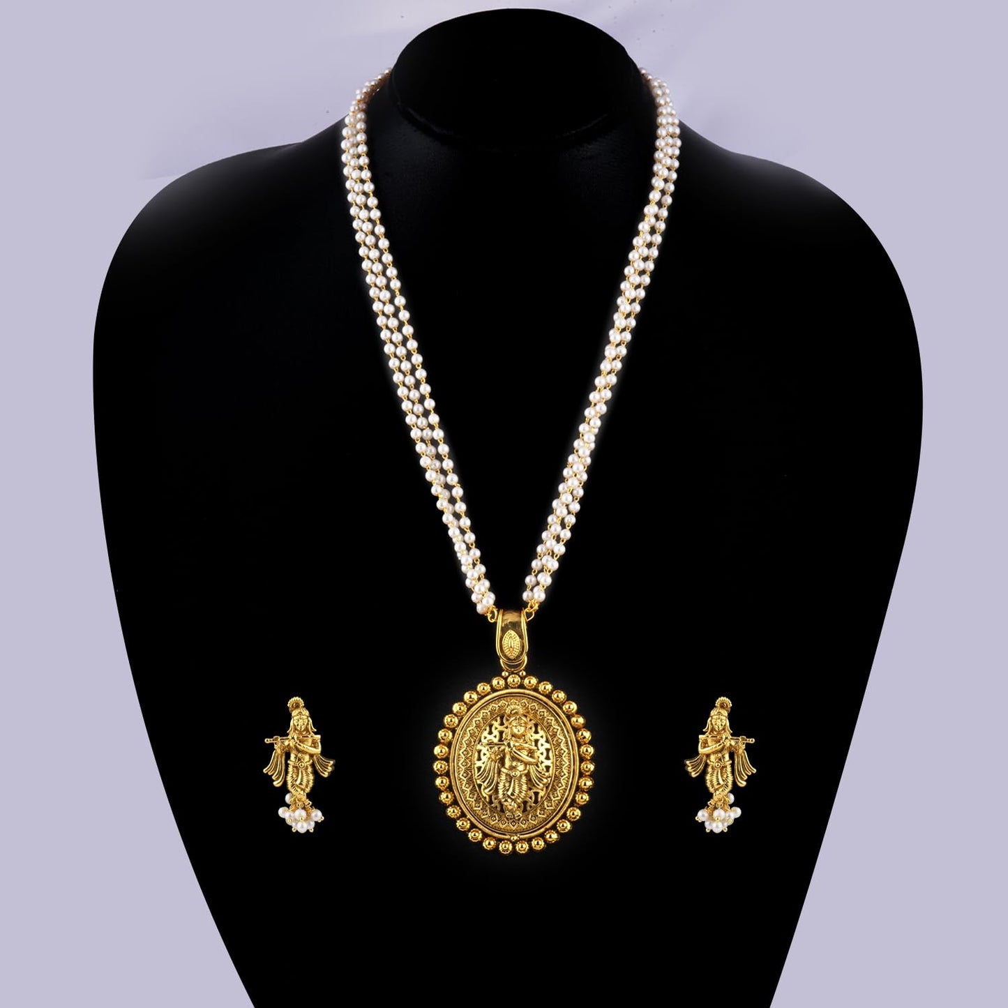 Gold Plated Lord Krishna Pendant Pearl String Chain With Earring .