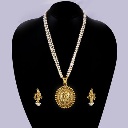 Gold Plated Lord Krishna Pendant Pearl String Chain With Earring .