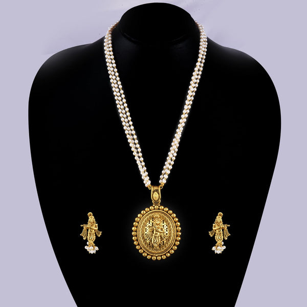 Gold Plated Lord Krishna Pendant Pearl String Chain With Earring .