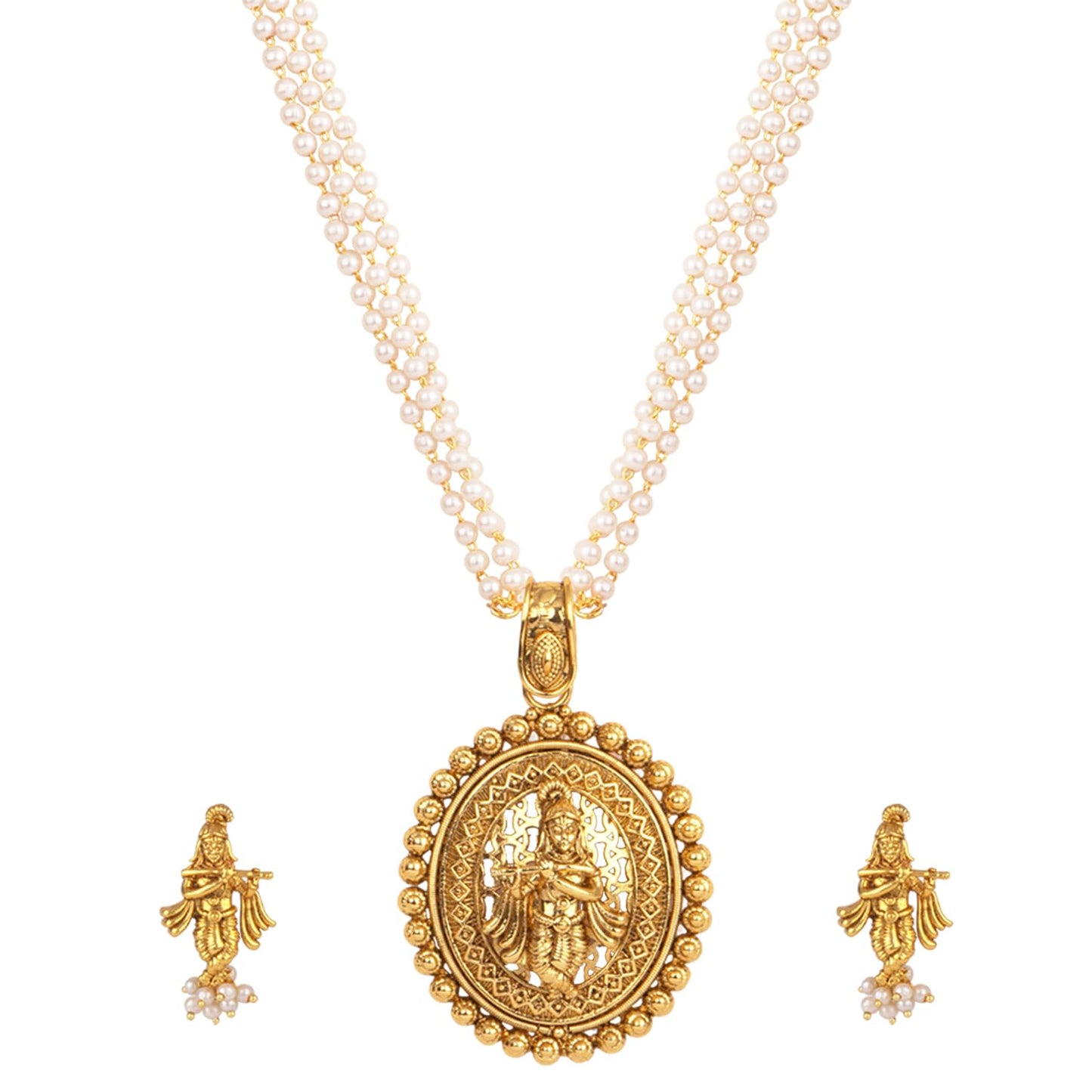 Gold Plated Lord Krishna Pendant Pearl String Chain With Earring .