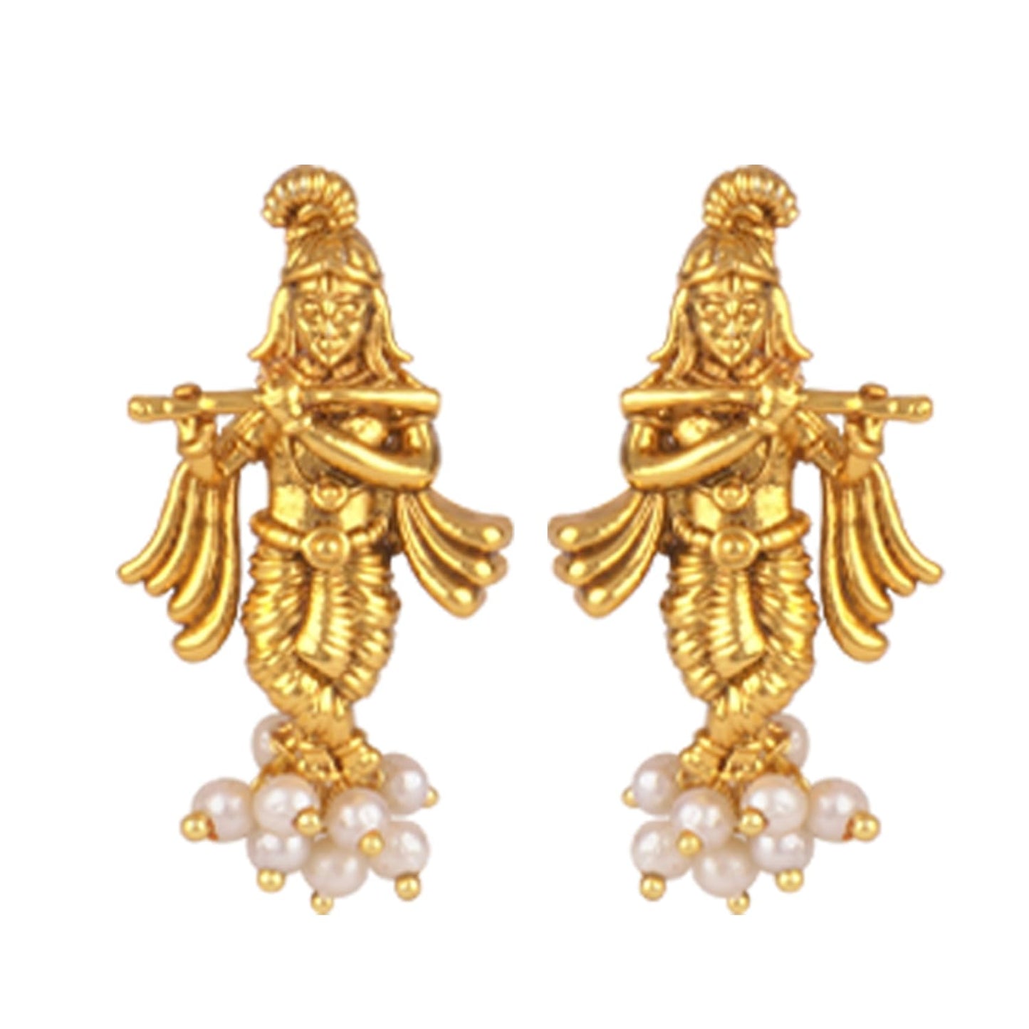 Gold Plated Lord Krishna Pendant Pearl String Chain With Earring .